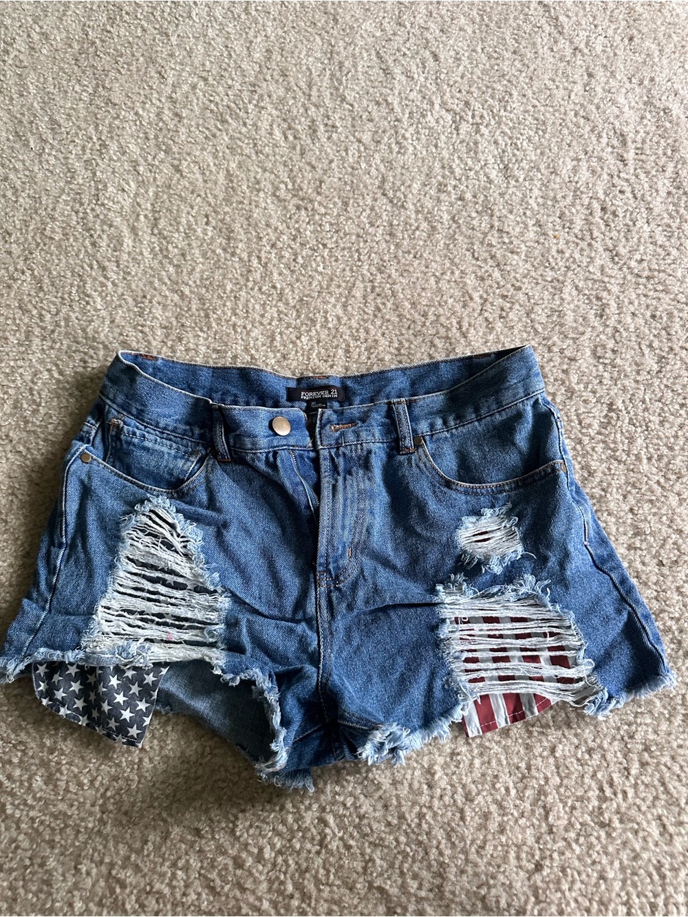 Forever 21 Blue Distressed Denim Shorts with Flag Patch Detail